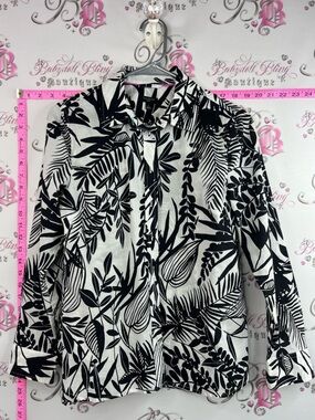Talbots shirt long sleeves leafs Black and White Botanical Button-Down Shirt